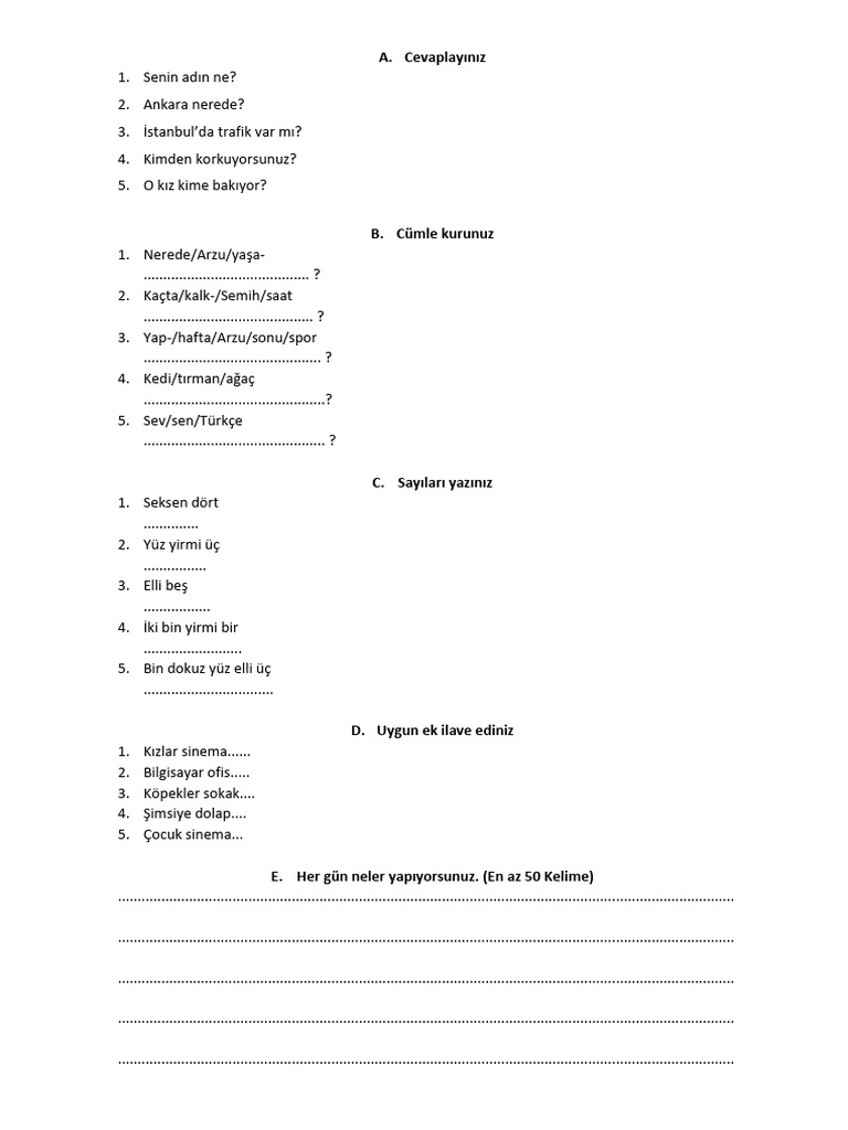 Turkish Exam A1 Mid-Term | PDF