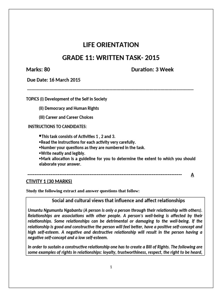 Grade 11 Written Tasks 2015 | PDF | Self Concept | Self Esteem