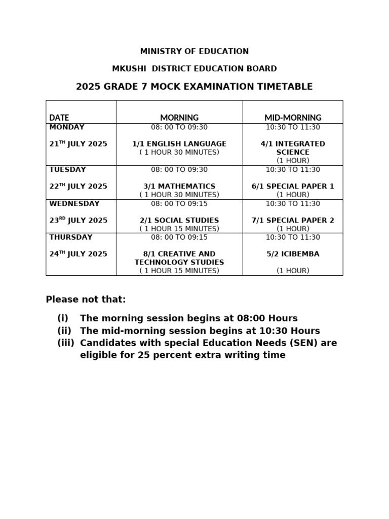 2025 Grade 7 Mock Time Table | PDF