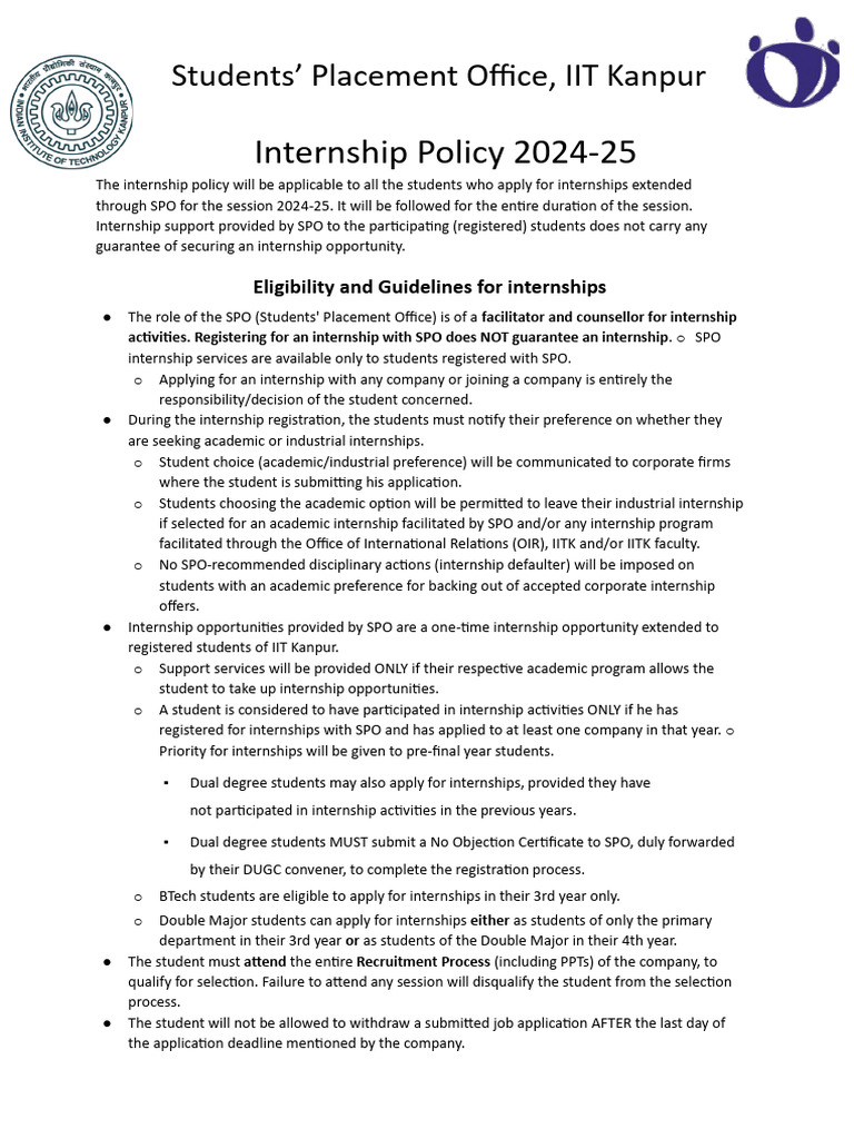 IIT Kanpur Internship Policy 2024-25 | PDF | Internship | Job Hunting
