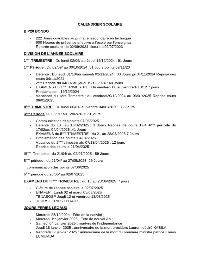 Calendrier Scolaire 2024-2025 RDC | PDF | Niveaux d'enseignement ...