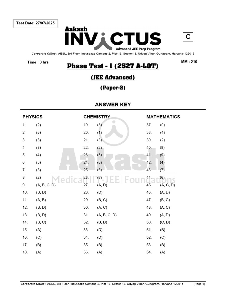 Phase Test 01 Advance Xi A Lot PCM - Paper 2 Set C Solution | PDF ...