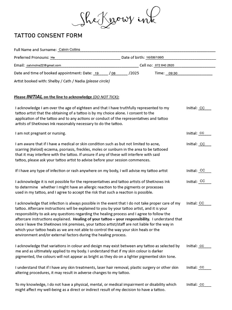 Tattoo Consent and Waiver Form | PDF | Tattoo | Human Skin Color