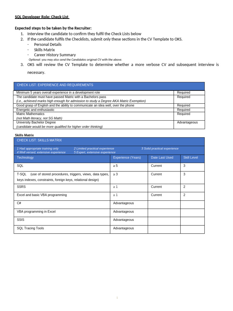 SQL Developer Role Checklist for OKS | PDF