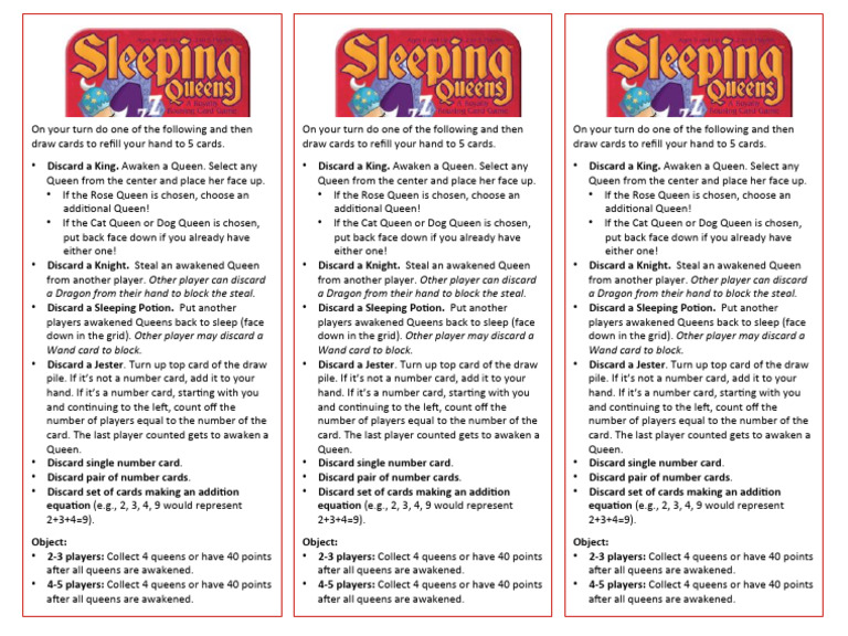 Sleeping_Queens_Reference_Card | PDF | Card Games | Games Of Chance