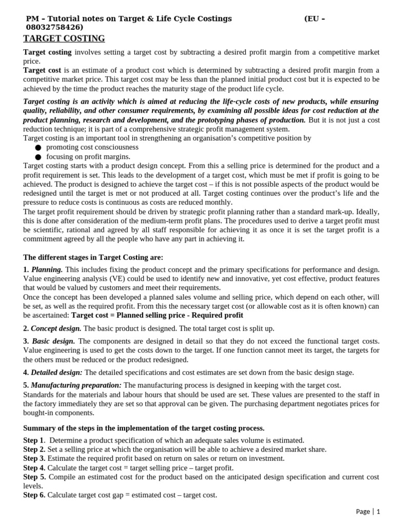 Target Costing & Life Cycle Costing Guide | PDF | Profit (Economics ...
