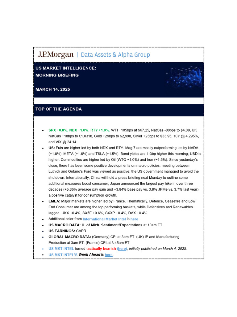 JPM - US Market Intell Morning Briefing March 14 2025 | PDF | Hedge Fund |  Inflation