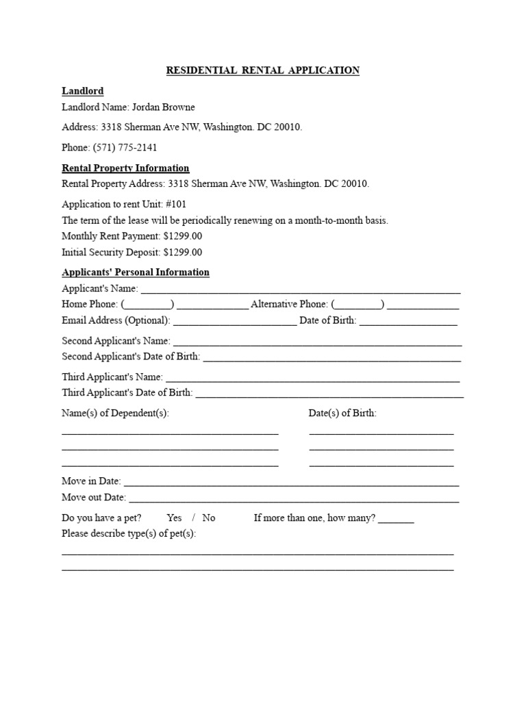 Washington DC Residential Rental Application | PDF | Lease | Landlord