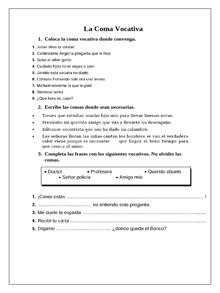 Ejercicios de Coma Vocativa para Primaria | PDF