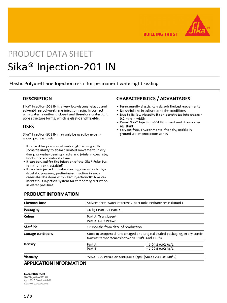 Sika® Injection-201 IN Product Overview | PDF | Viscosity | Water