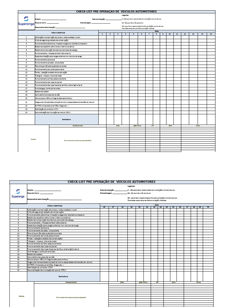 Check-list Pré Operação de Veículos | PDF | Carro | Indústria ...