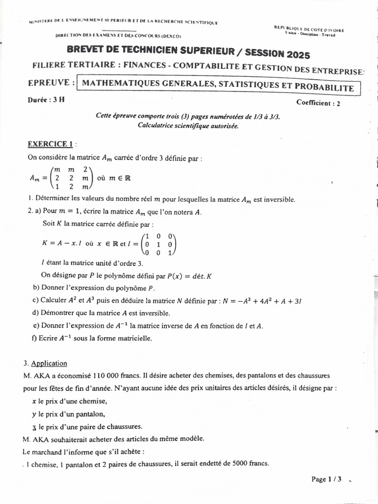 Sujet de Maths Gen. BTS 2025.FC | PDF