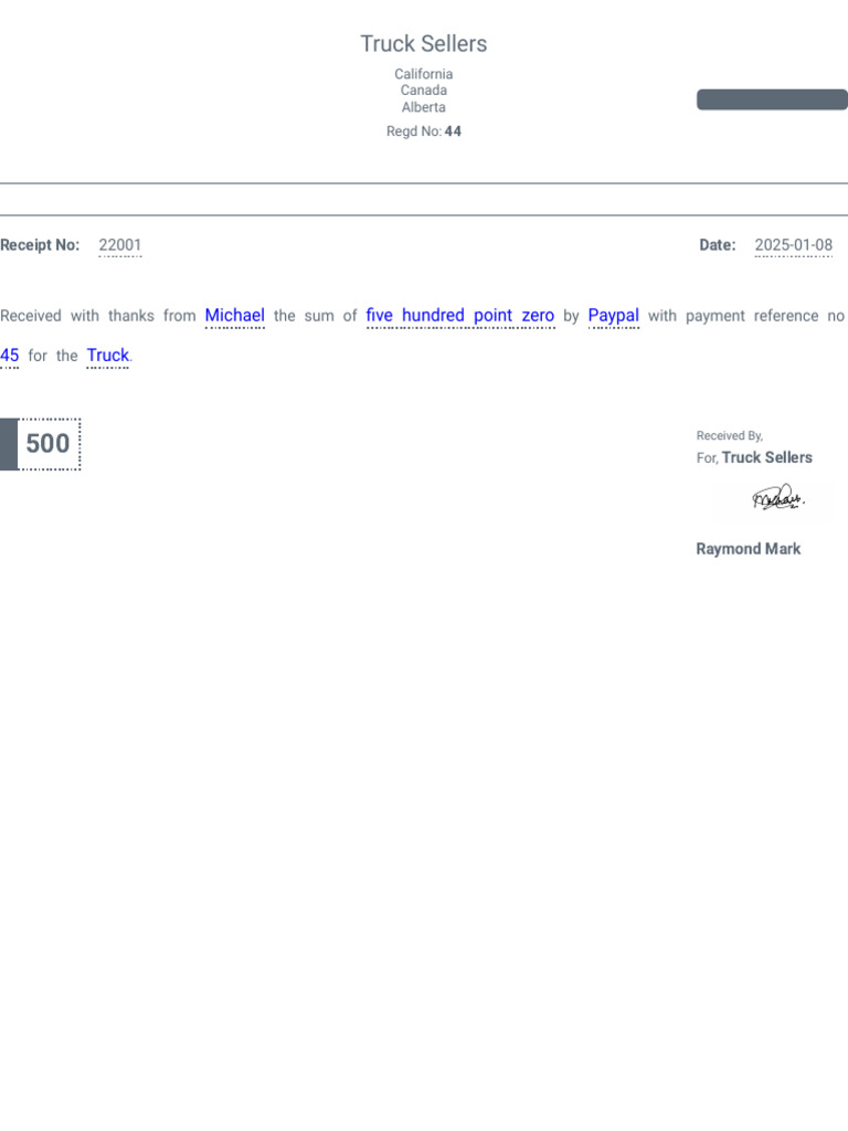 Receipt for Truck Payment - $500 | PDF