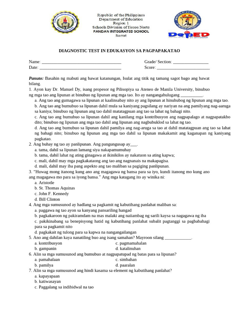Diagnostic Test in Esp | PDF