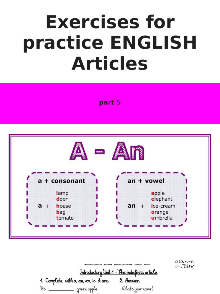 Exercises For Practice ENGLISH Articles - 5 | PDF