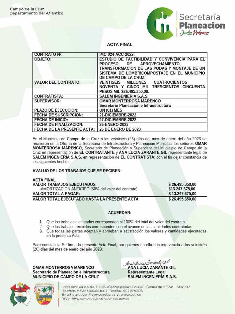 Acta Final de Contrato IMC-024-ACC-2022 | PDF