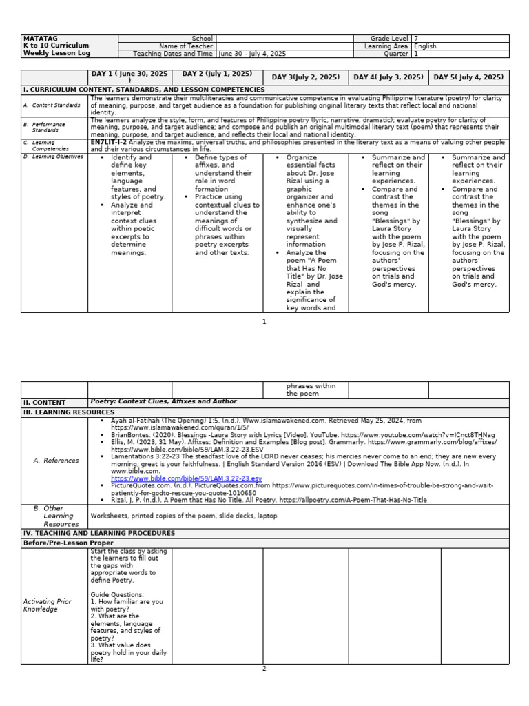 Matatag LP q1 Week 3 | PDF | Poetry | English Standard Version
