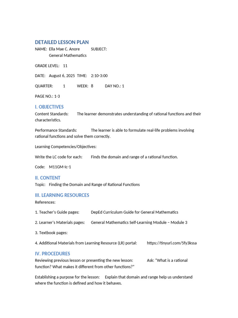 Lesson Plan Domain Range Rational Functions | PDF | Function ...