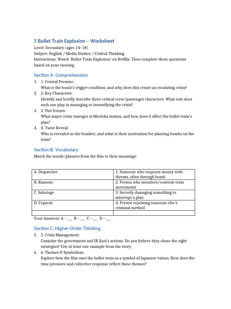 Bullet Train Explosion Worksheet | PDF