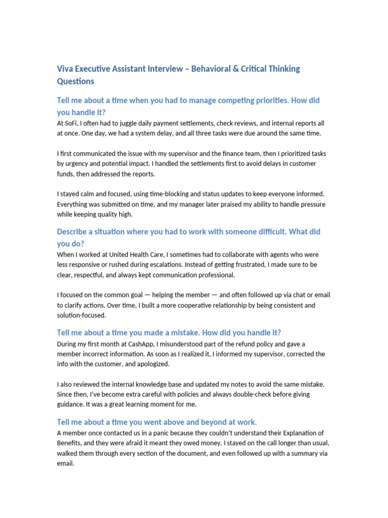 Executive Assistant Viva Interview Guide | PDF