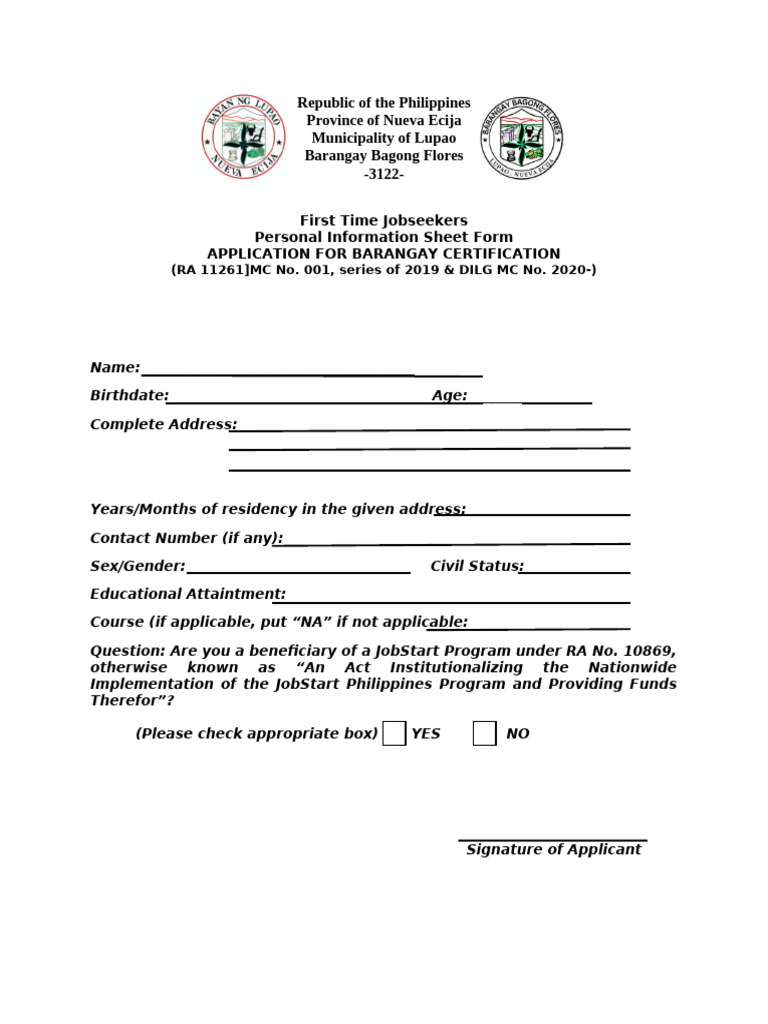 First Time Jobseekers Certification Form | PDF | Justice | Crime & Violence