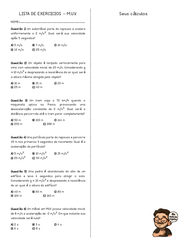 Exercícios de M.U.V. com Respostas | PDF