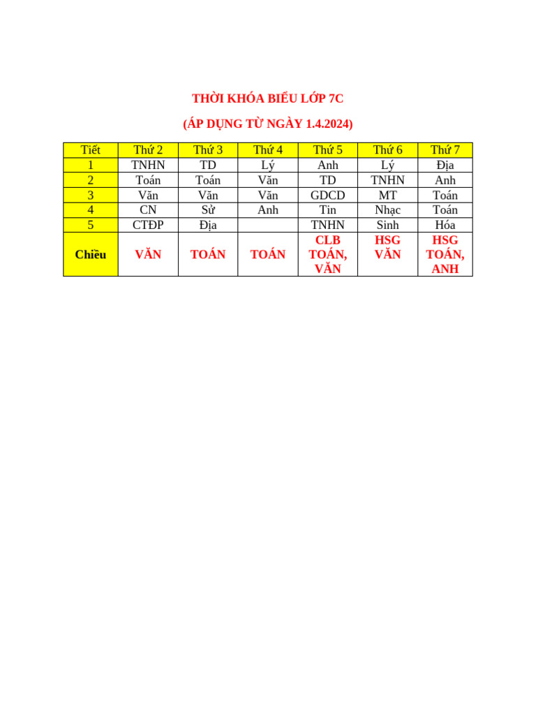 Thời Khóa Biểu Lớp 7c | PDF