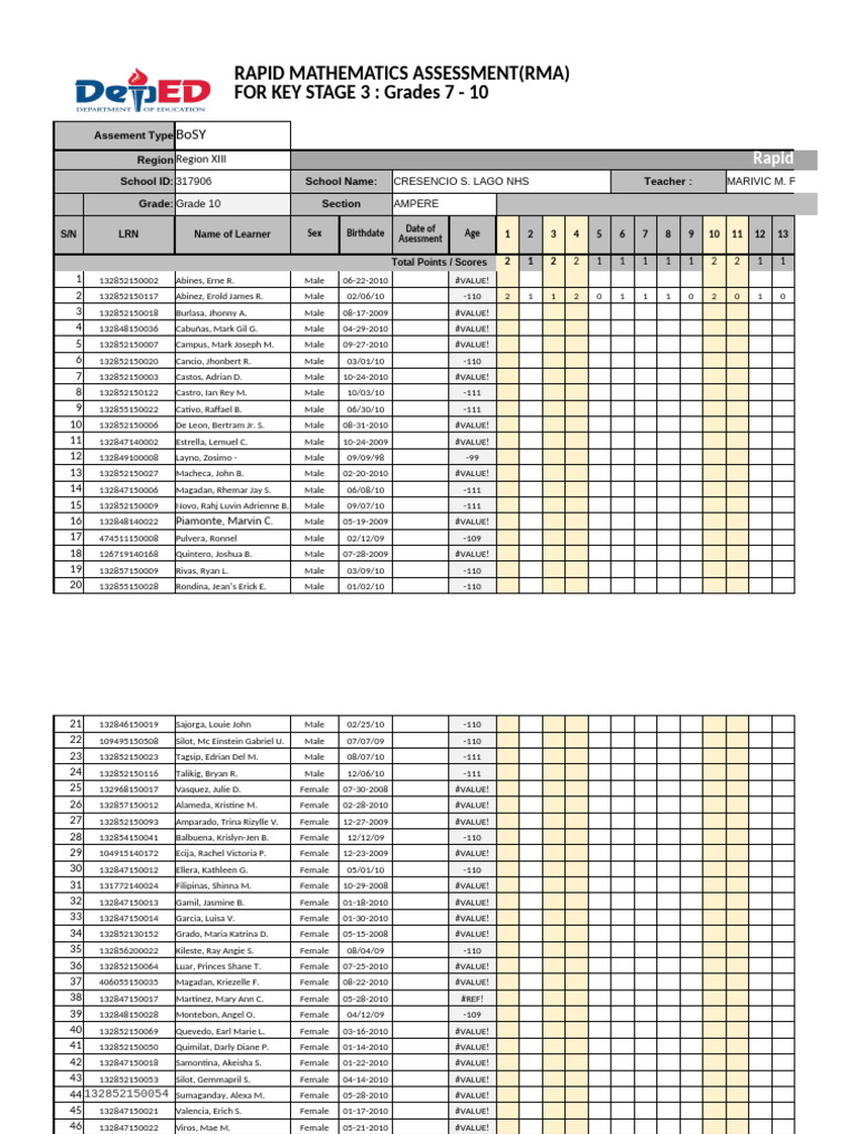 Grade 10 Rapid Math Assessment Scores | PDF | Mathematical Objects ...