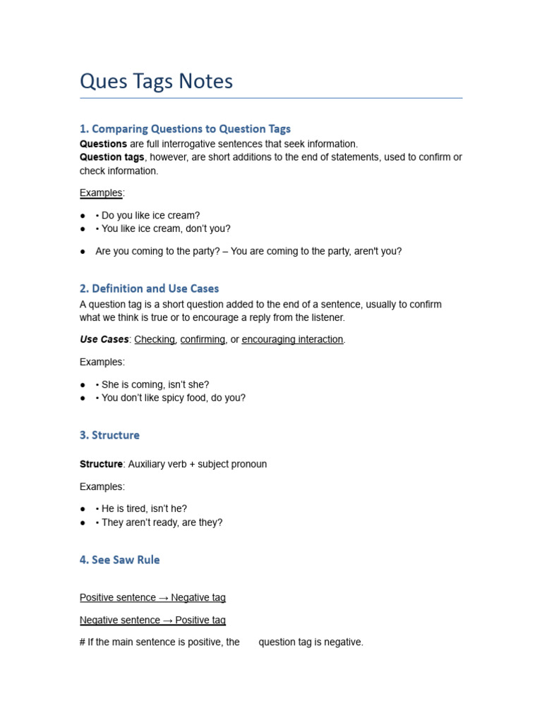 Question Tags: Structure and Usage | PDF | Question | Subject (Grammar)