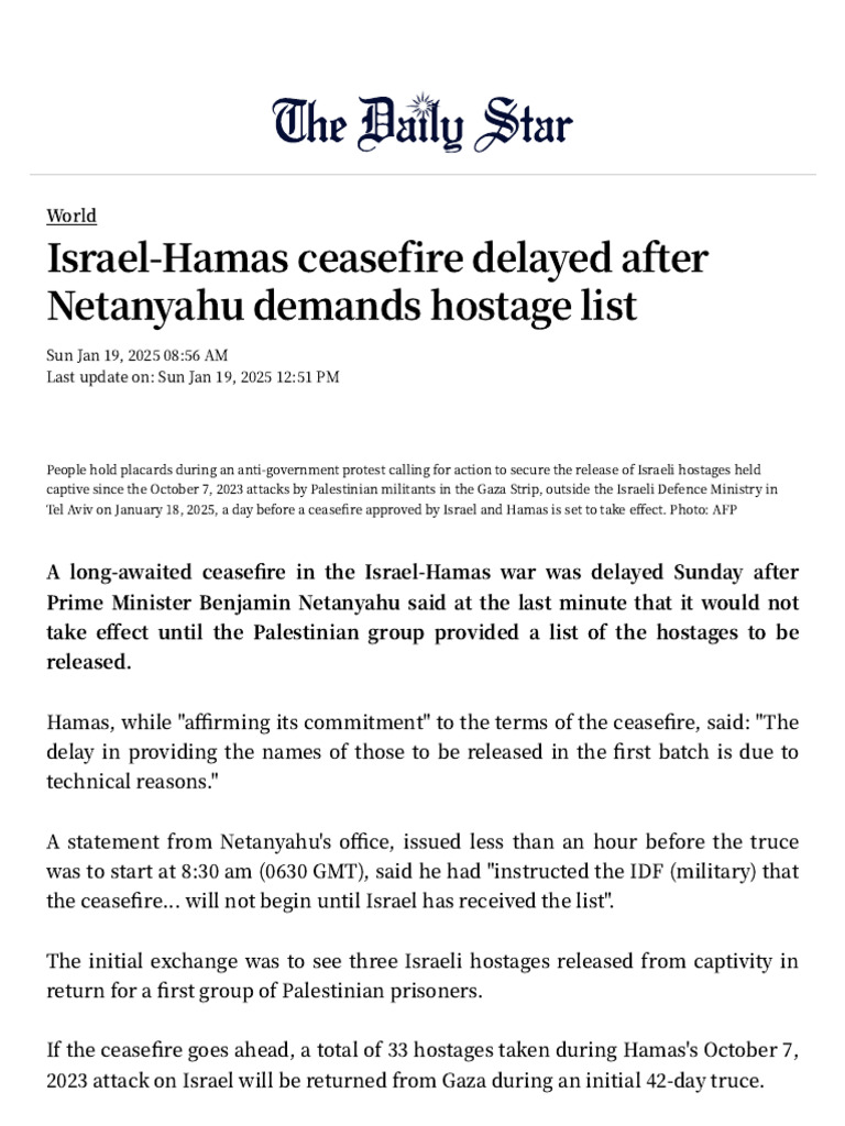 Israel-Hamas Ceasefire Delayed Over Hostages | PDF | Gaza Strip | Hamas