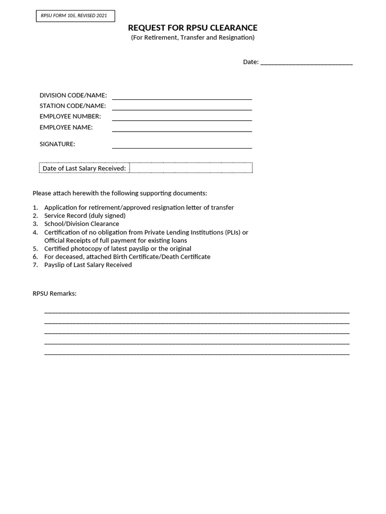RPSU Clearance Request for Resignation | PDF