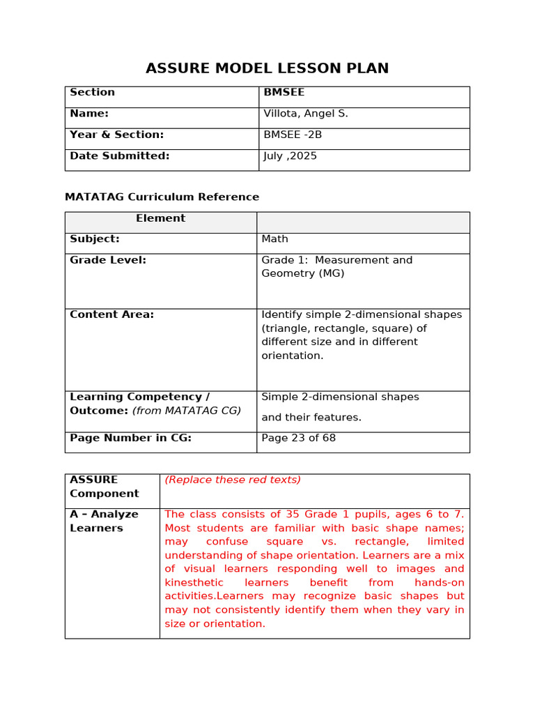 Grade 1 Shapes Lesson Plan | PDF | Shape | Learning