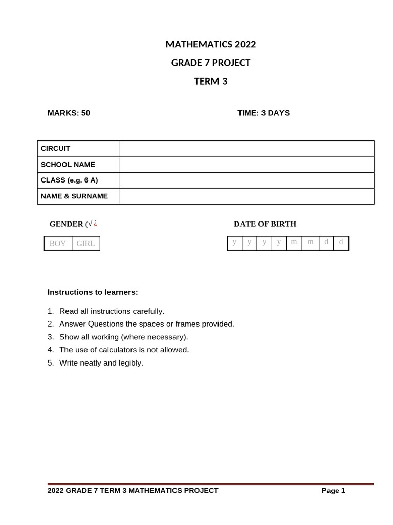 Grade 7 Mathematics Project Term 3 2022 | PDF | Line (Geometry) | Shape