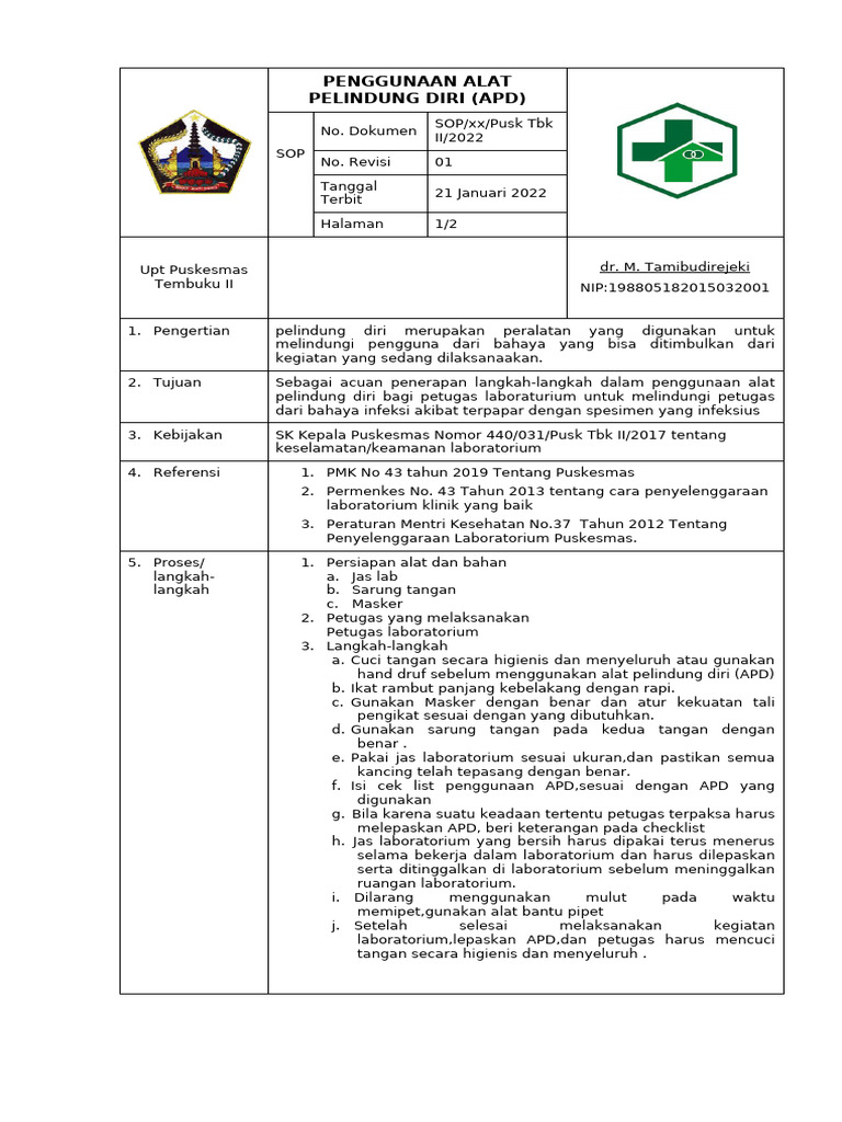 SOP Penggunaan APD di Laboratorium | PDF