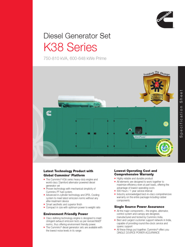 Cummins K38 Diesel Generator Specs | PDF | Diesel Engine | Engines