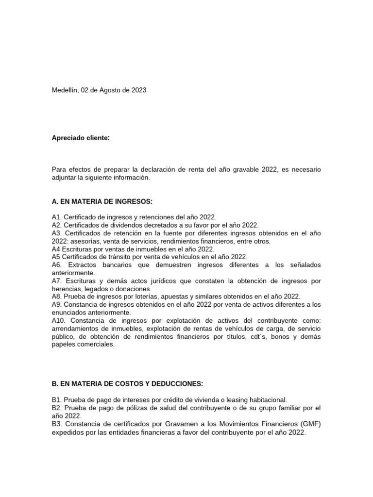 Documentos Necesarios para Hacer La Declaracion de Renta 2022 | PDF ...