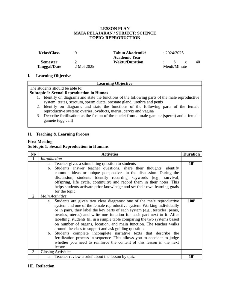 Reproductive System Lesson Plan | PDF | Reproductive System | Human ...