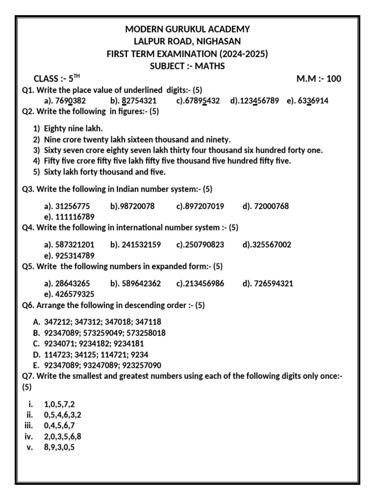 Class 5 Maths First Term Paper 2024 | PDF