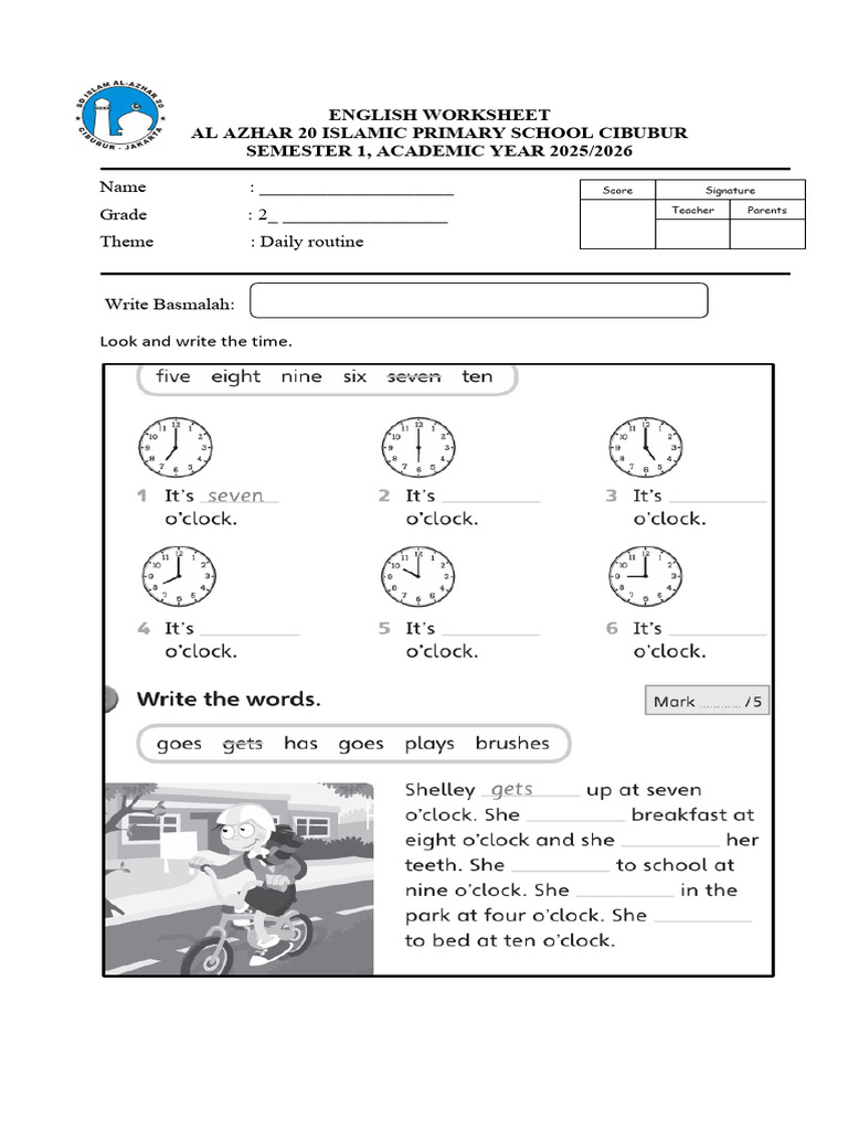 English Worksheet: Daily Routine Grade 2 | PDF