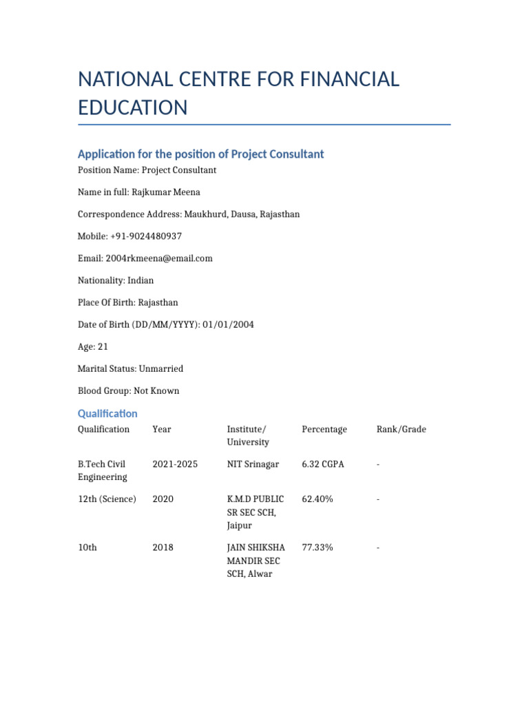 NCFE Project Consultant Application RajkumarMeena | PDF