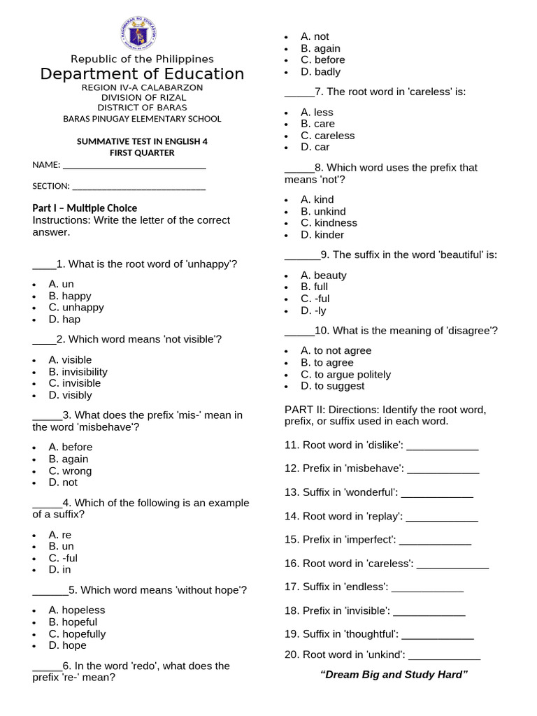 Summative English Test for Grade 4 | PDF | Linguistics | Language Families
