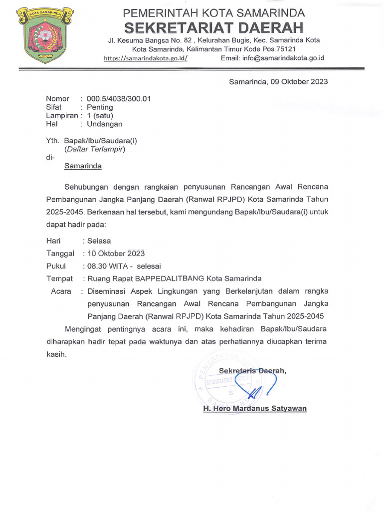 Undangan Diseminasi Aspek Lingkungan Ranwal RPJPD Kota Samarinda Tahun ...
