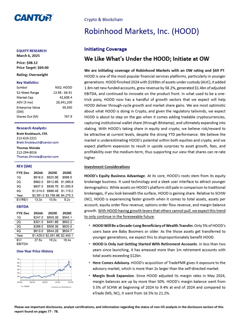 2025-03-06-HOOD - OQ-Robinhood - Cantor Fitzgerald-We Like Whats Under The  HOOD Initiate at OW-113952508 | PDF | Cryptocurrency | Mergers And  Acquisitions