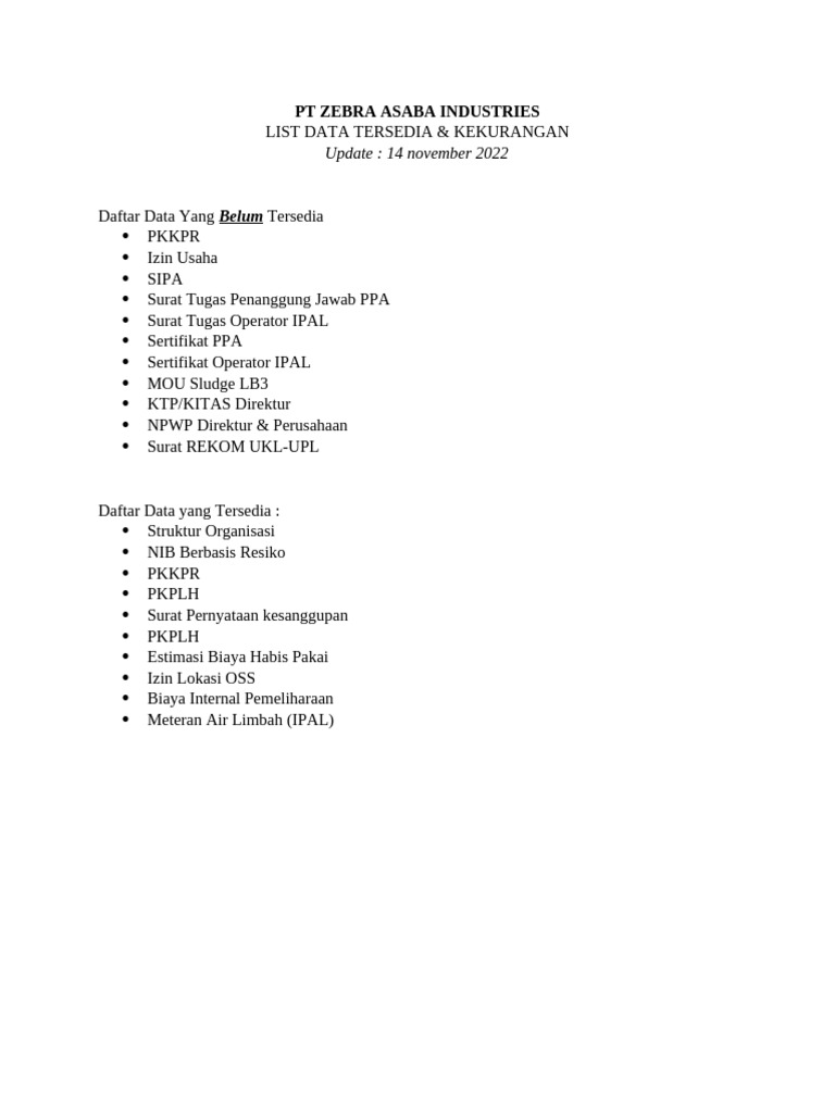 Data Tersedia dan Kekurangan PT ZEBRA ASABA | PDF