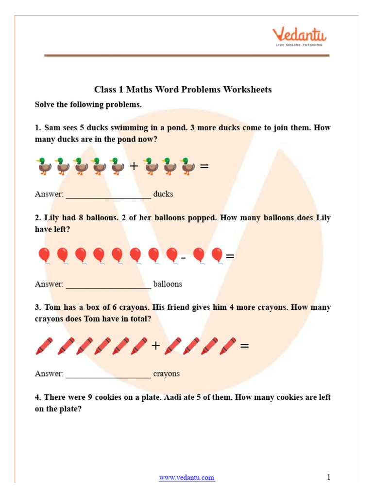Maths Word Problems Worksheets PDF For Grade 1-5 | PDF | Balloon
