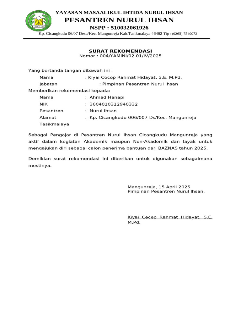 Rekomendasi Pengajar Pesantren Nurul Ihsan | PDF