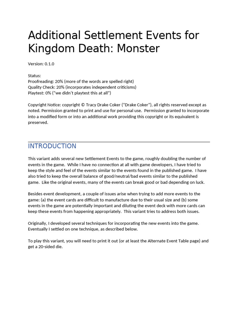 New Settlement Events for Kingdom Death | PDF | Dice