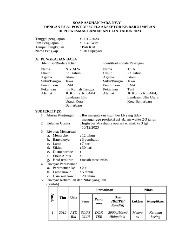 SOAP Asuhan Ny. Y: KB Implan Post Op SC | PDF