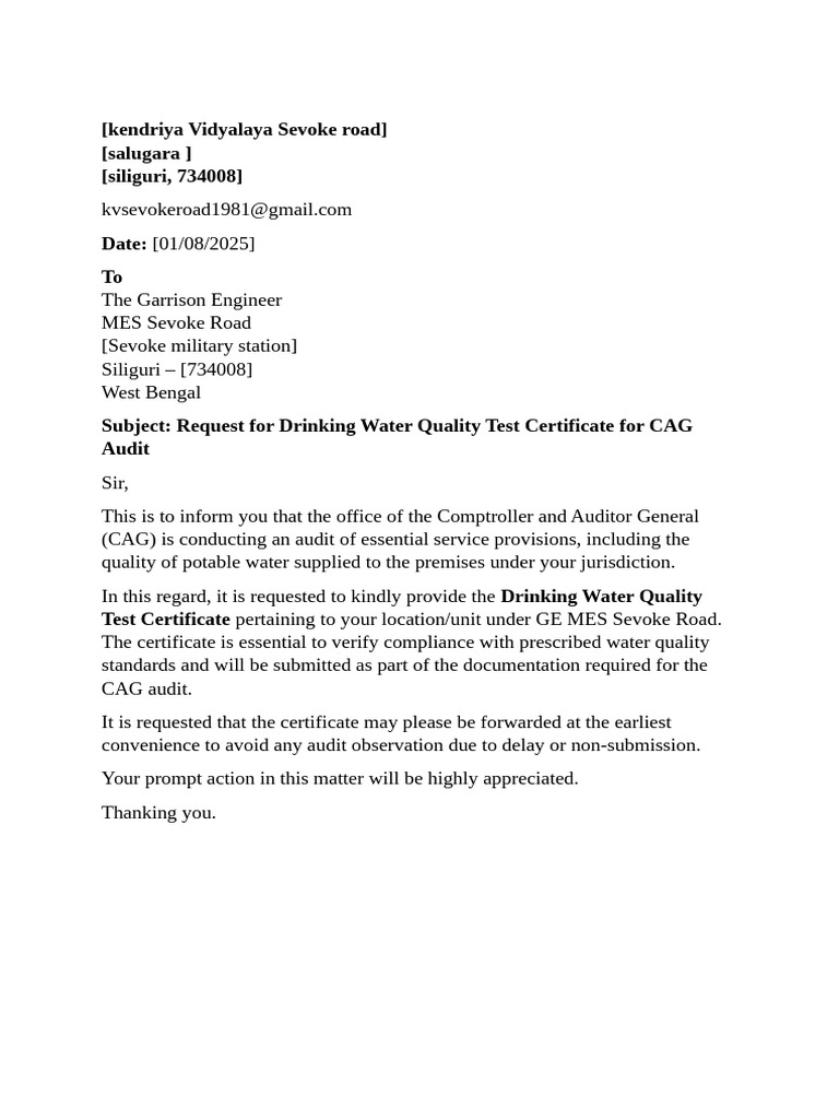 Request for Water Quality Test Certificate | PDF