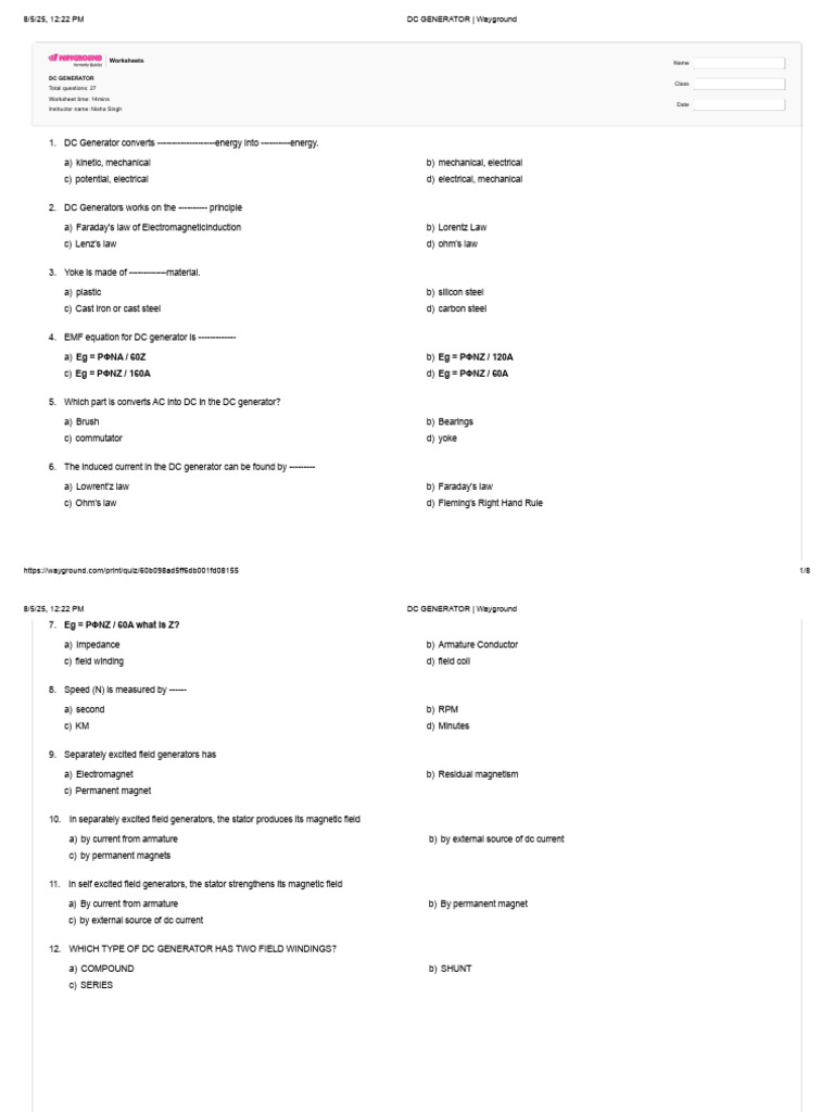 DC Generator Worksheet with Answers | PDF | Electric Generator ...